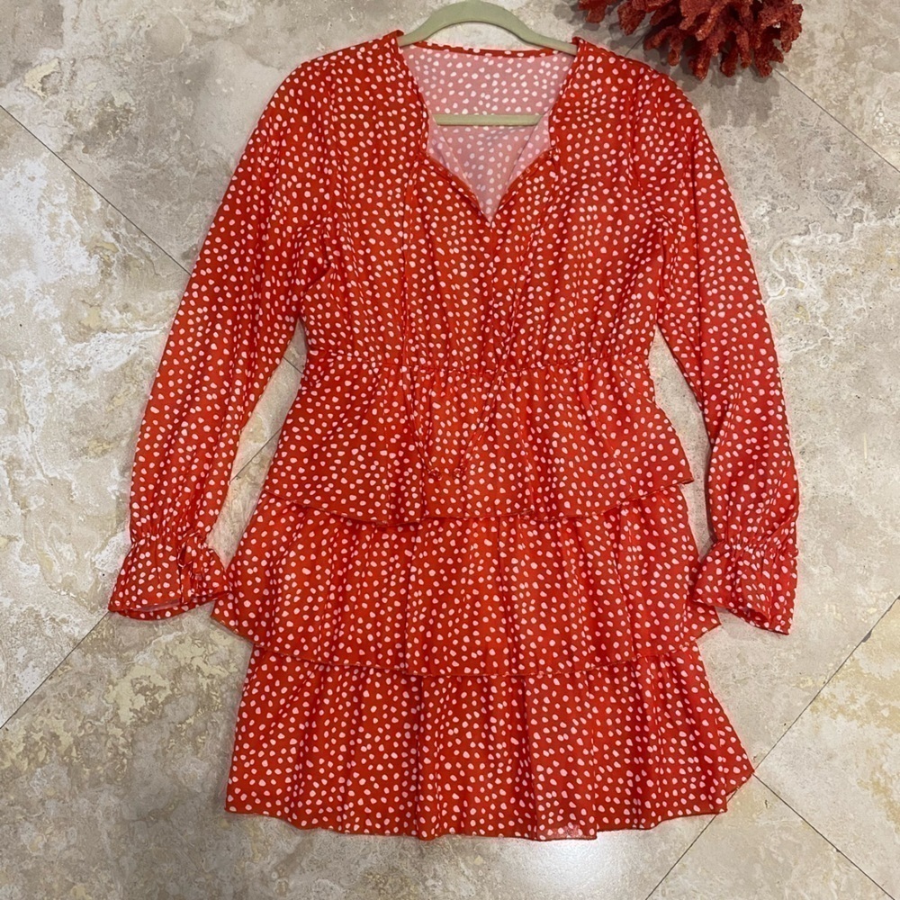 NWOT Long Sleeve Orange Ruffle dress w/white polkadots & elastic sleeves/waist M - Picture 1 of 7
